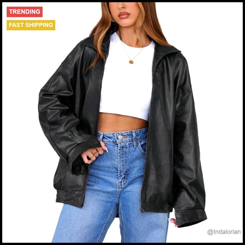 Oversized Faux Leather Motorcycle Bomber Jacket Long Sleeve